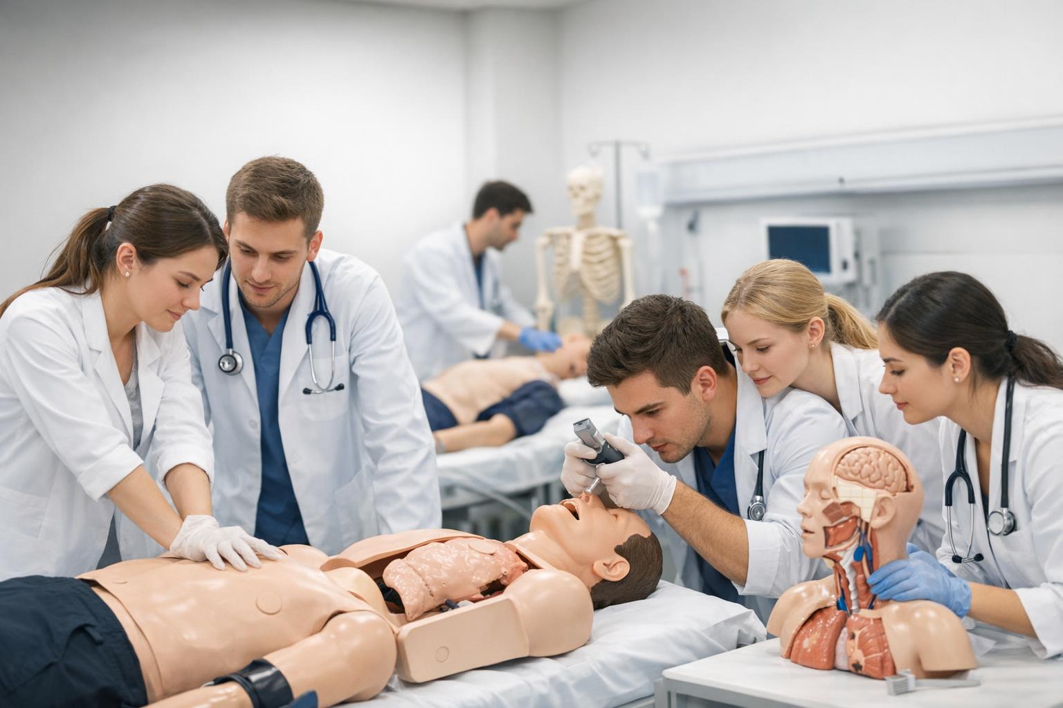 Studenci medycyny ćwiczący na modelach anatomicznych podczas zajęć praktycznych